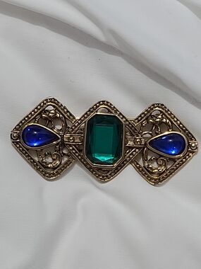 Vintage-Victorian Revival Style Brooch with Emerald and Sapphire Blue Stones